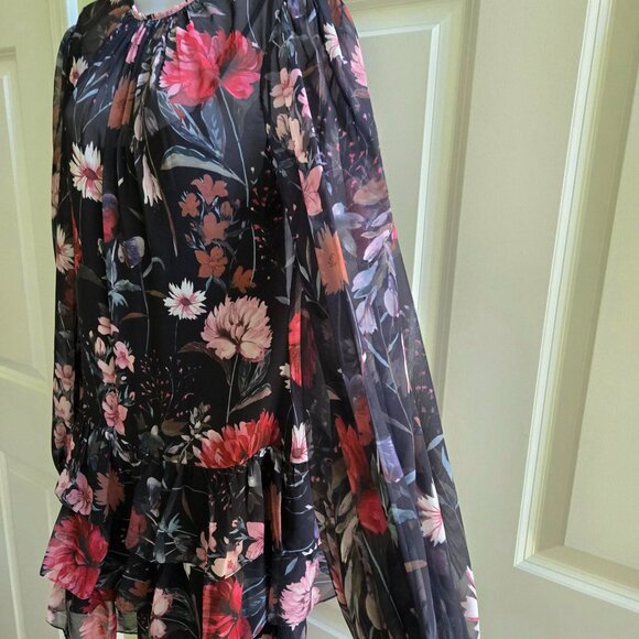 Ieena for Mac Duggal Long-Sleeve Ruffled Chiffon Floral Mini Dress Size 8 - Picture 4 of 14